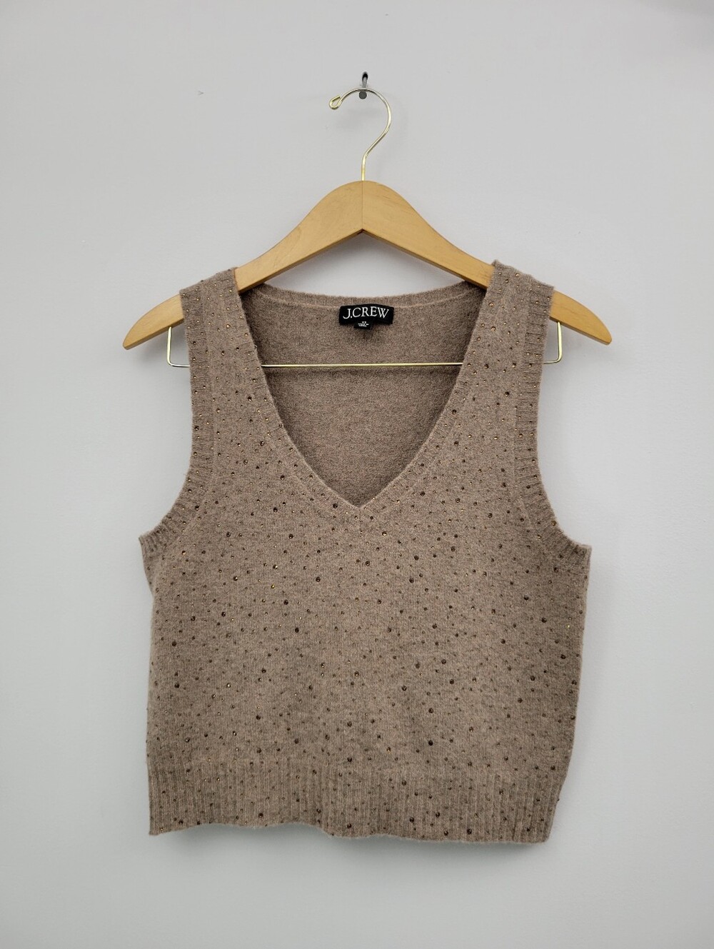 J Crew Crystal Embellished Sweater Vest Brown Merino Alpaca Blend XS